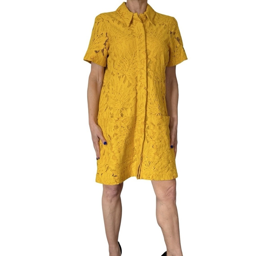 Ted Baker Rille Lace Shirt Dress Short Sleeve Button Down Yellow Mini Women's M - Picture 7 of 16